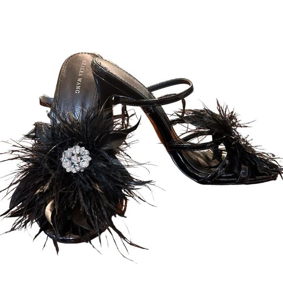 Azalea Wang Heels 6 Black Ankle Strap Feathers Stiletto whimsygoth Witchy NWOB - Picture 2 of 10